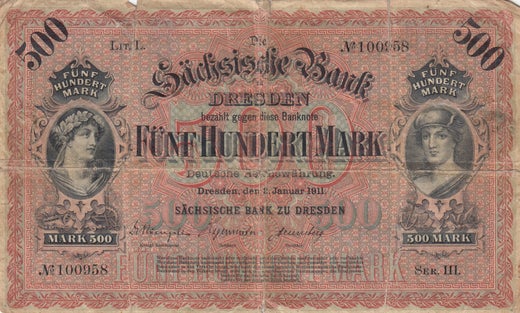 Saksa,  Saxony ( Dresden ) 500 Mark 1911 Litt L , Serie III No: 100958  P-S953 ( 1? )