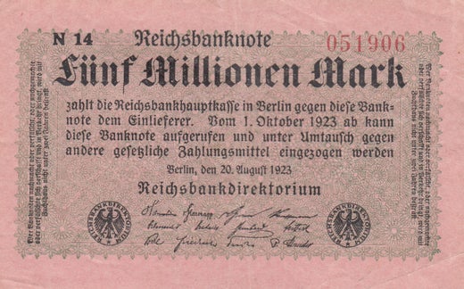 Saksa, Reichsbanknote 5.000.000 / Funf millionen mark 1923,  6 numeroa, reichsdruck P-105a.2 ( 1+ )