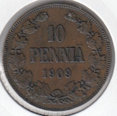 10 penniä 1909 ( 1+ ) prv(ja), taustapuolella kaiv. A