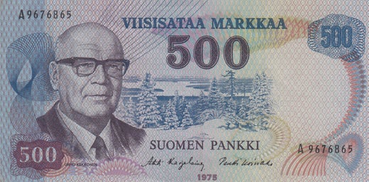 500 Markkaa 1975 A9676865 ( 1+-01 ) Keltainen turvalanka Kar - Pun
