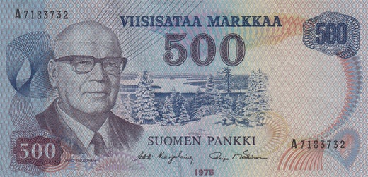 500 Markkaa 1975 A7183732 ( 1+-01 ) Keltainen turvalanka Kar - M&auml;k