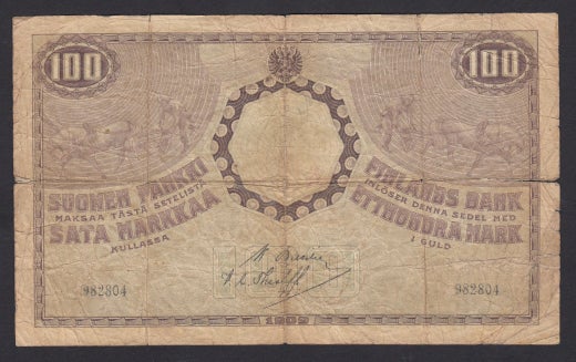 100 Markkaa 1909 kv ensimm&auml;inen numero poistettu ( 1? ) Bas - The