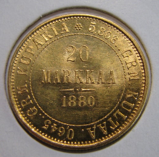 20 Markkaa 1880 ( 01-0 ) Au 6,45gr / 900 Harvinainen, ja siisti kunto t&auml;lle vuodelle